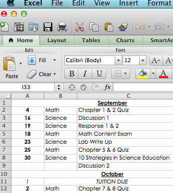 college assignment excel sheet